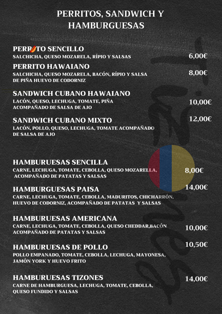 CARTA ESPAÑOLA RESTAURANTE TIZONES SAN FERNANO DE HENARES Y ALCALÁ DE HENARES COMIDA LATINA Y ESPAÑOLA